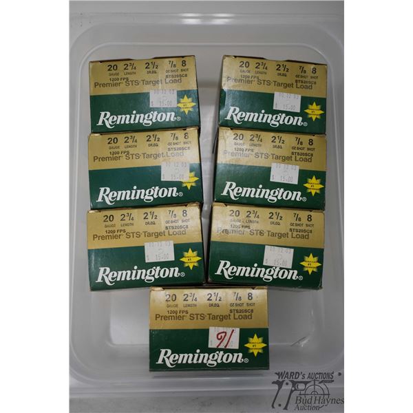 Six full 25 count boxes and one partial 16 count box Remington 20 GA 2 3/4" #8 Premier STS target lo