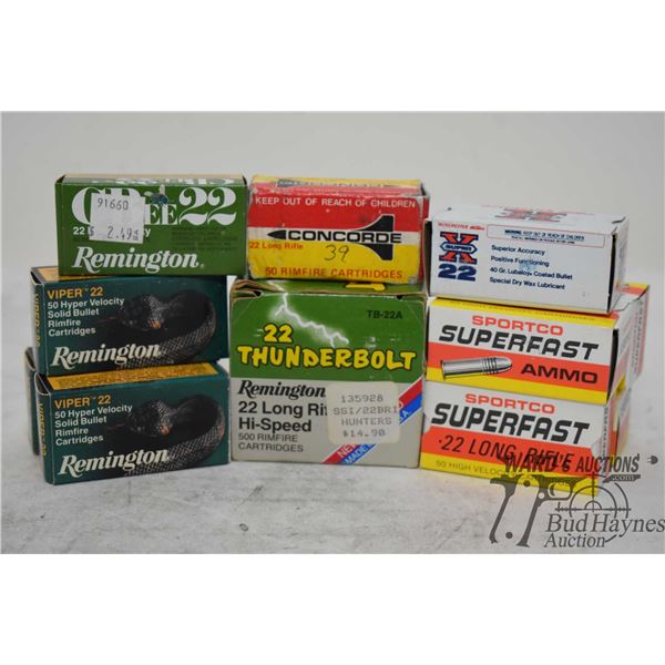 Selection of .22 ammo including 8 full 50 count boxes Remington .22 thunderbolt 36 gr truncated coni