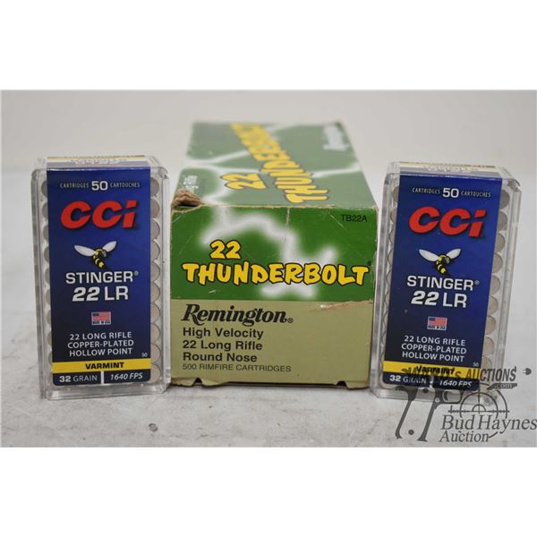 Selection of .22 LR ammo including one partial 350 count box Remington thunderbolt 40 gr round nose 