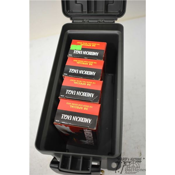 Plastic ammo box w/ three full 50 count boxes and one partial 26 count box American Eagle .38 spl 15