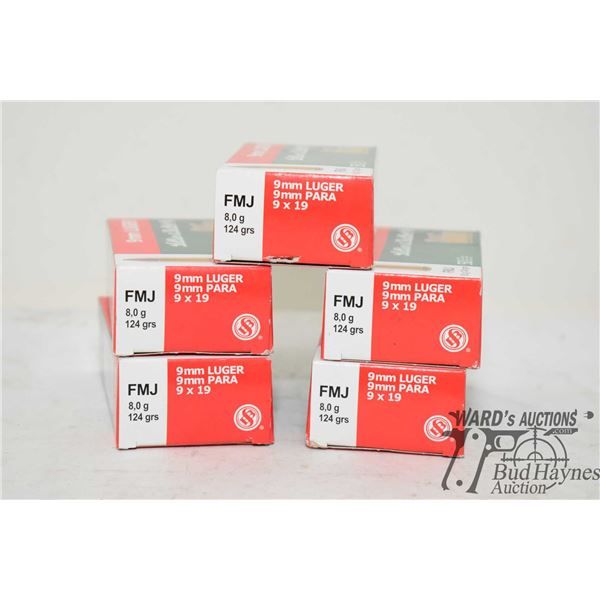 Five full 50 count boxes Sellier & Bellot 9mm Luger 124 gr FMJ