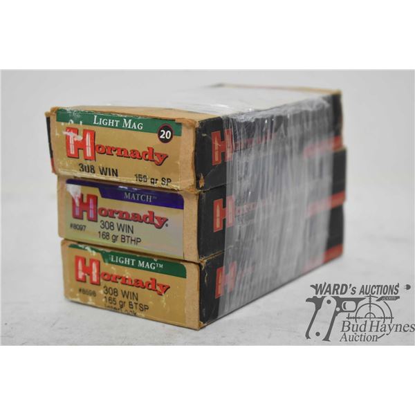 Three partial boxes Hornady .308 win including 115 count 168 gr BTHP, one 15 count 165 gr BTHP and o