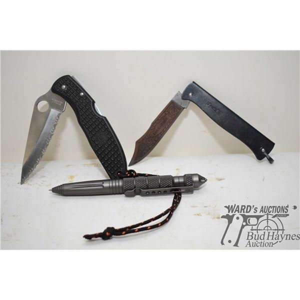 Spyderco G2 folding knife, Douk-Douk 3 1/2" folding knife and a V21 style defence pen
