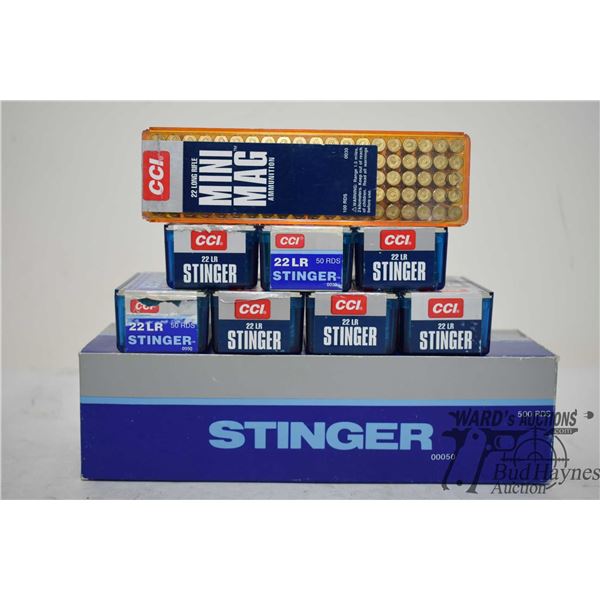 One full 500 count box CCI stinger .22 LR lead bulet, one full 100 count box CCI mini mag .22 LR and