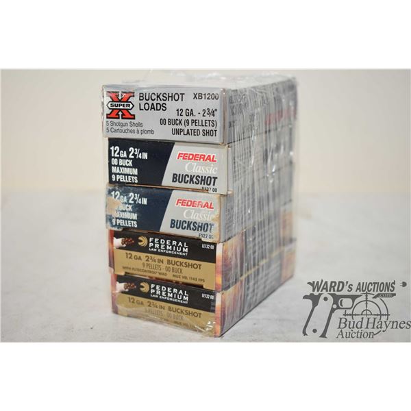Five full 5 count boxes of 12 GA 2 3/4" 00 Buckshot including 2 Federal premium, 2 Federal classic a