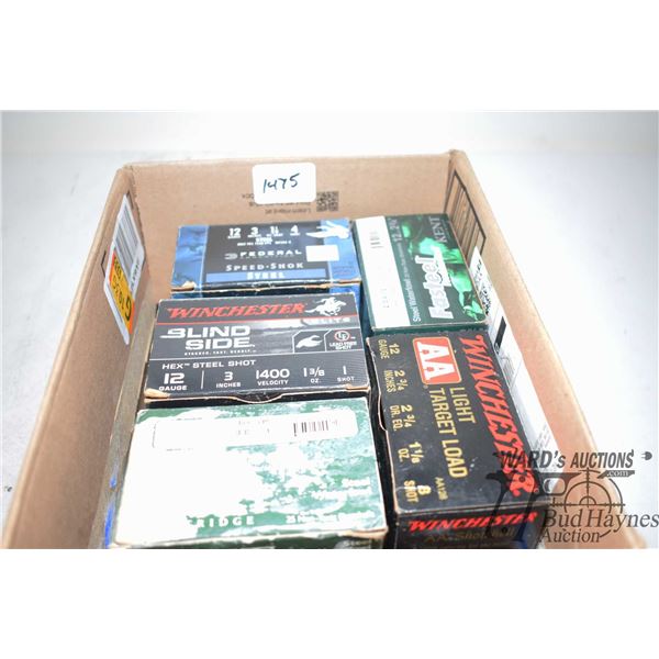 Four full 25 count boxes and 1 partial 7 count box of 12 gauge ammo. including 25 count Federal Spec