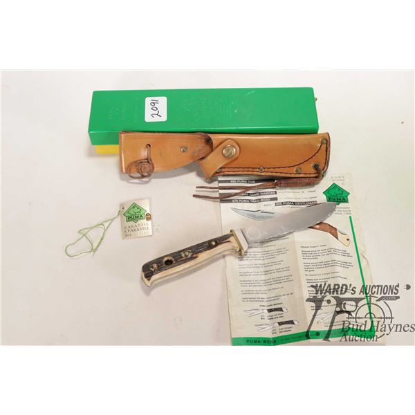 Vintage 1985 Puma II 6378 outdoor knife with original box, tag and pamphlet. Has 5" blade and antler