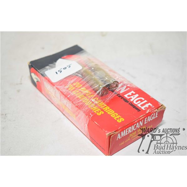 Twenty count box containing sixteen factory American Eagle .308 Win 150 gr FMJ BT with four reloads