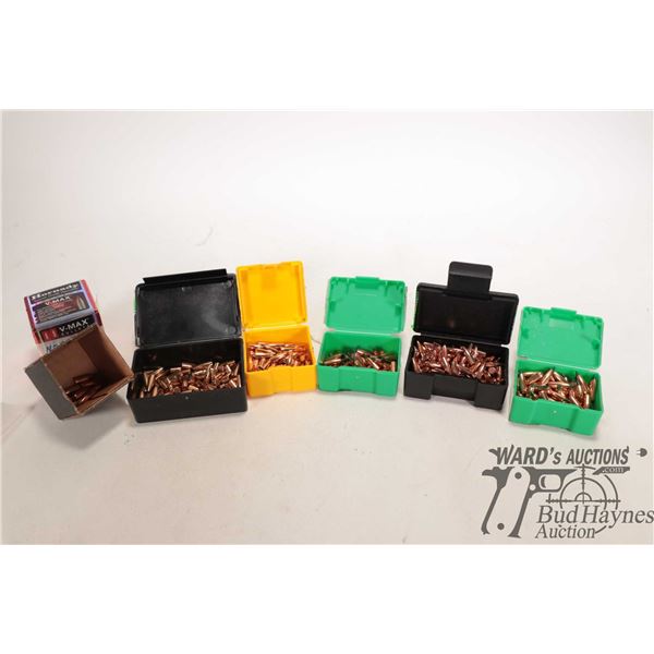 Four full or nears full 100 count boxes of 20 cal bullets including 1 Barnes 28gr HP, 1 Sierra 39gr,