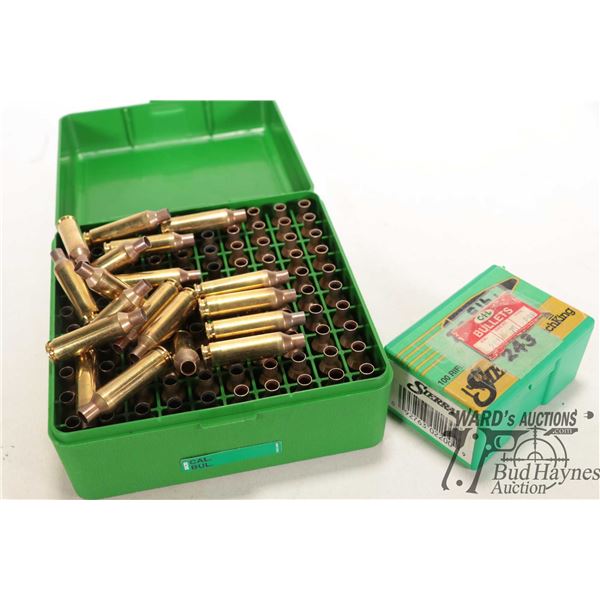 Plastic case with 59 6mm creedmore brass and 60 6mm CRD brass plus a 146 count box of CIL .243 cal 7
