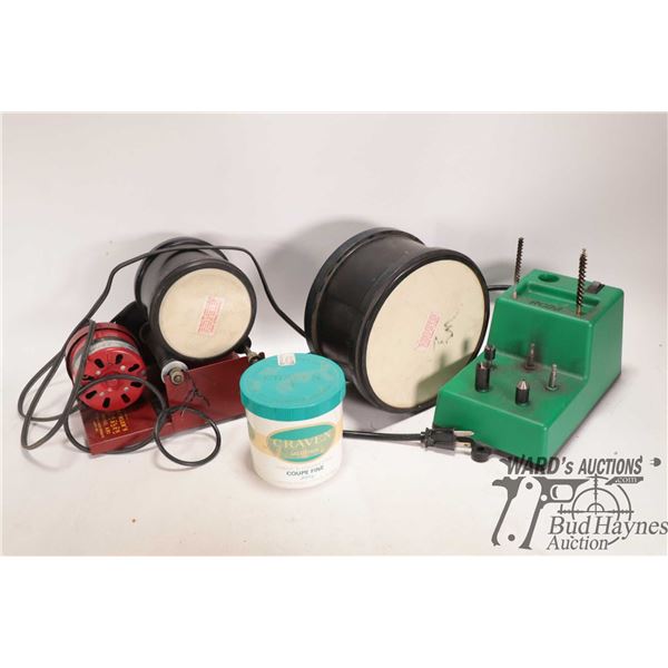 RCBS Trim Mate case prep center and a tumbler model A-R1 tumber with two drums, both working