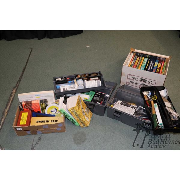 Selection of gunsmithing tools and chemicals including rigger gauges, bore sight, specialty hand too