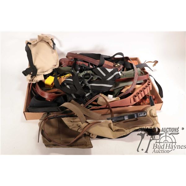 Selection of leather and webbed belt, ammo belts, rifle slings, ammo pouches etc.