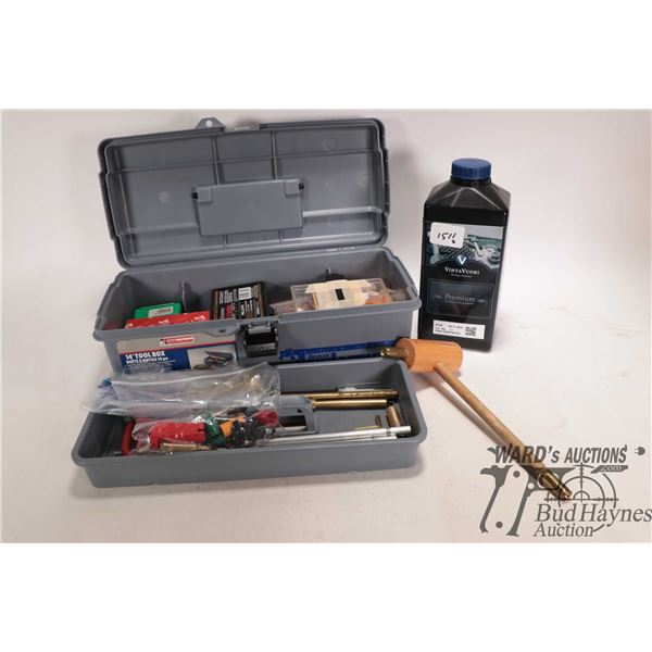 Selection of muzzle loading accessories including one partial 1.8 lb container of VihtaVuori black p