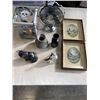 Image 1 : TRAY OF DECORATIVE ITEMS, CLEAR CASE, SILVER PLATE CAKE STAND ETC