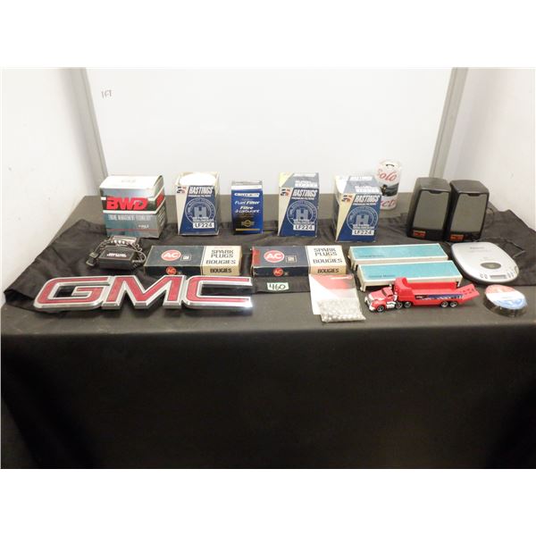 Large lot of auto filters, GMC badge, computer speakers and more
