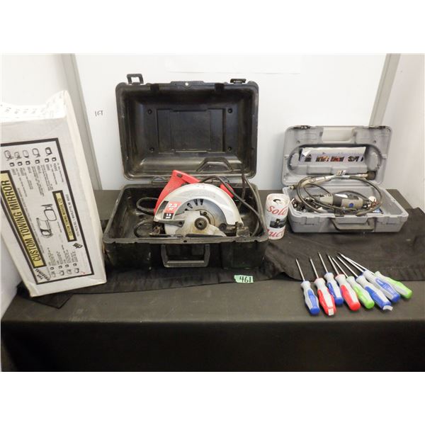 Lot of tools including circular saw, rotary tool, hand tools, custom towing mirror