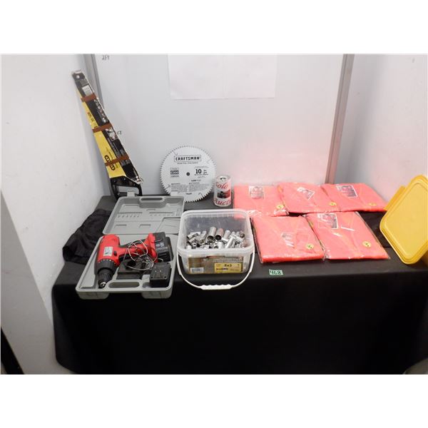 Lot of tools including cordless drill with battery and charger, sockets, saw, 5 safety vests and mor