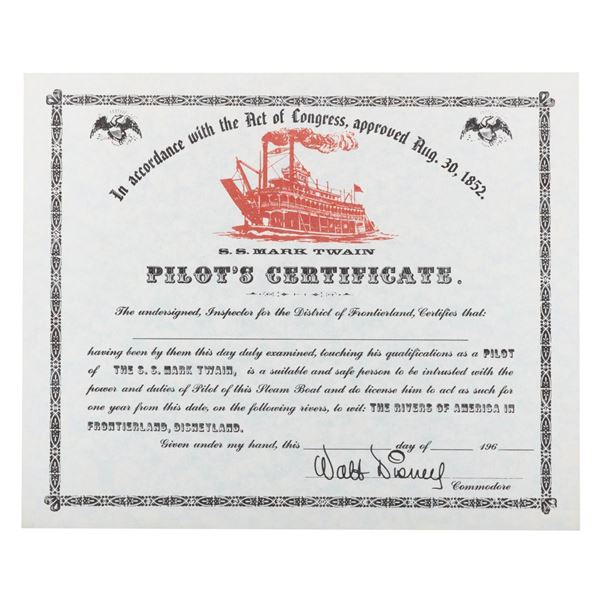 A Disneyland S.S. Mark Twain Pilot's Certificate.