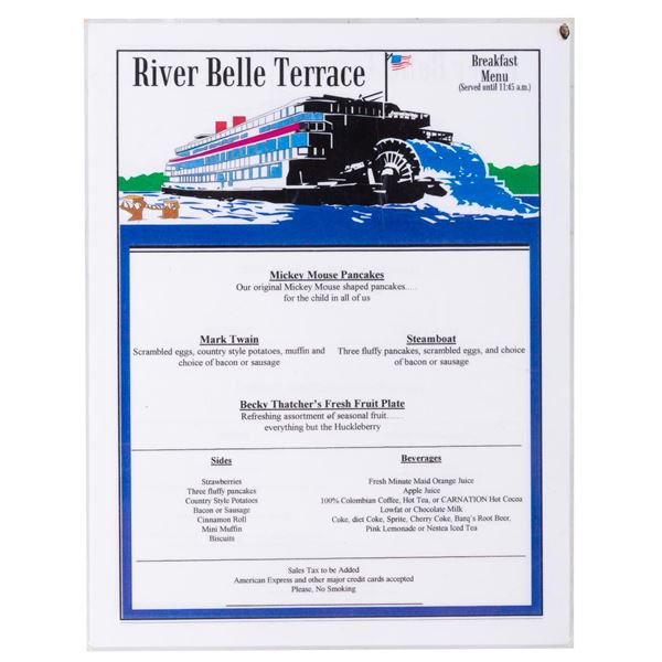 A Disneyland River Belle Terrace Breakfast Menu.