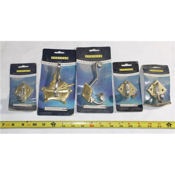 FIVE SIMILAR STYLE BRASS AND CHROME HOOKS