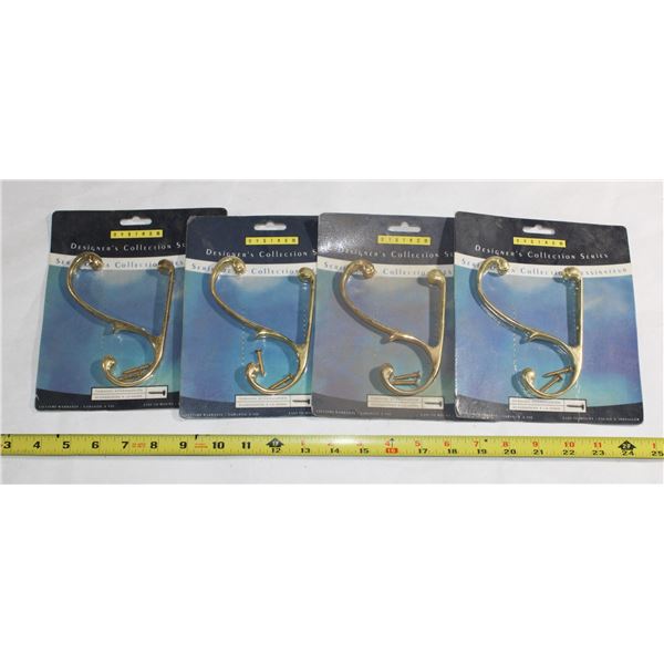 FOUR BRASS FINISH COAT/ HAT HOOKS