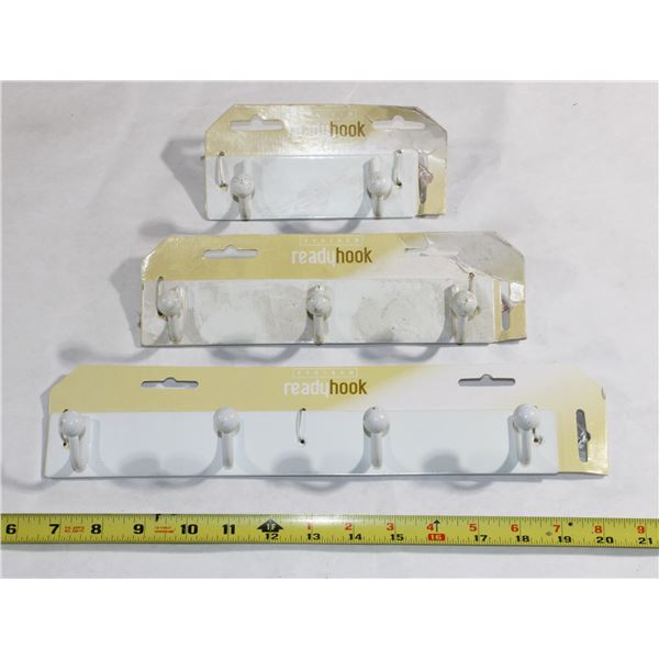 THREE ASSORTED SIZE READY HOOK, HOOK RACKS