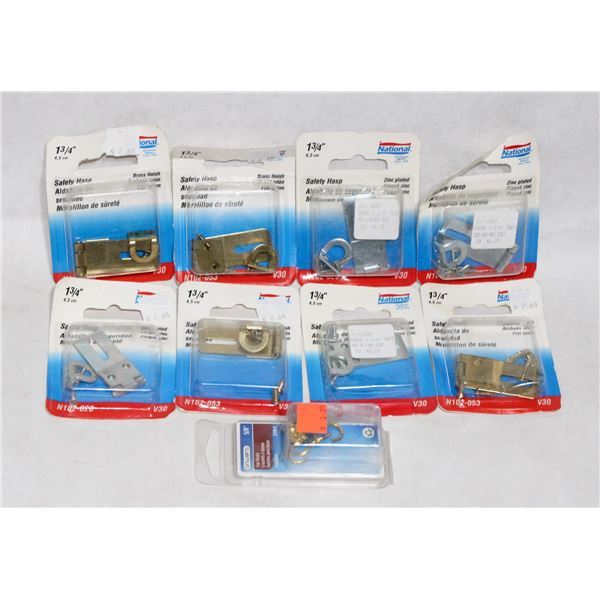 LOT OF ASSORTED FINISH SAFETY HASPS AND ONE