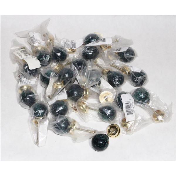 TRAY OF GREEN/ BRASS FINISH BALL CABINET KNOBS