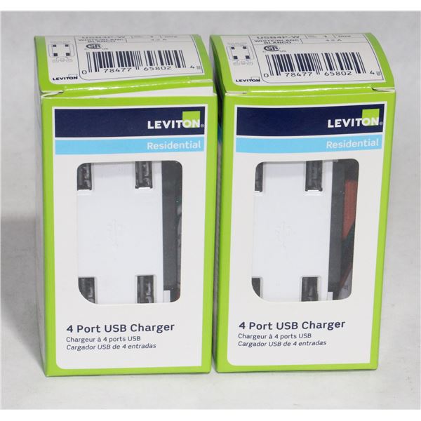 TWO LEVITON RESIDENTIAL 4 PORT USB CHARGER OUTLET