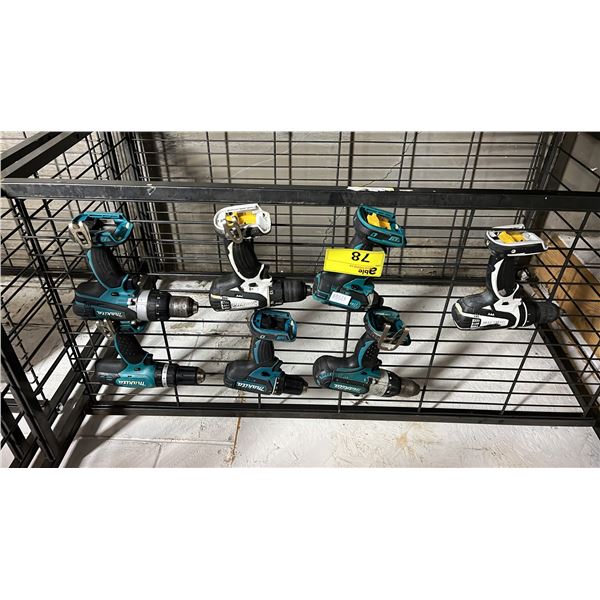 SHELF OF ASSORTED CORDLESS MAKITA DRILLS *NO BATTERIES*