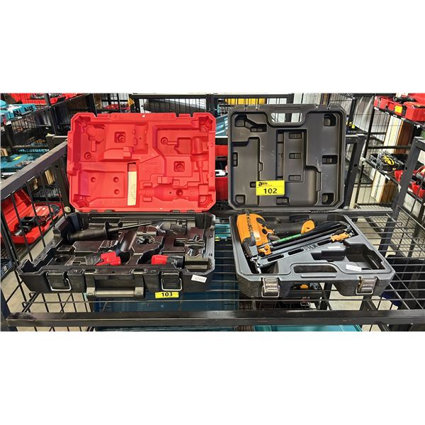 BOSTITCH PNEUMATIC BRAD NAILER IN A HARD TRANSPORT CASE, 2 MILWAUKEE BATTERIES & A EMPTY MILWAUKEE