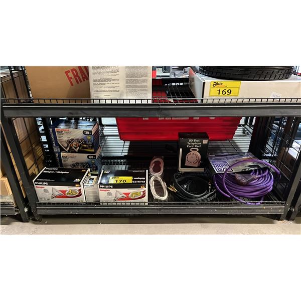SHELF OF ASSORTED LIGHT BULBS, HEAVY DUTY EXTENSION CORD, 50' TELEPHONE CORD REEL & MORE