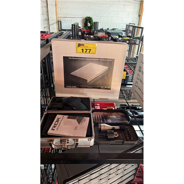 ROK CORDLESS SCREWDRIVER WITH CHARGER IN A HARD TRANSPORT CASE, MASTERCRAFT DRILL TO DRIVER SET IN