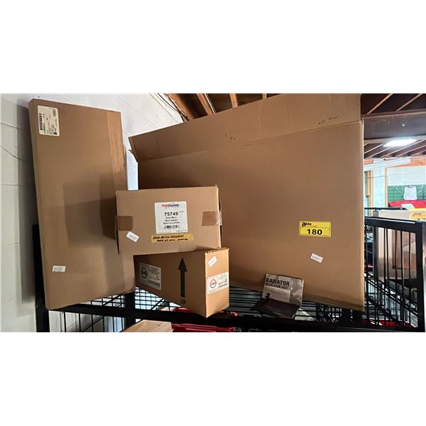 SHELF OF ASSORTED VEHICLE PARTS - SPECTRA PREMIUM COMPLETE RADIATOR, FOUR SEASON BLOWER MOTOR & MORE