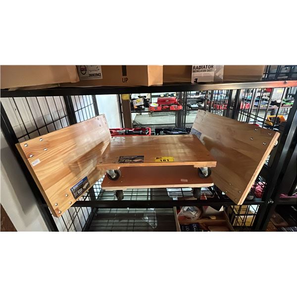 FOUR WOODEN 900 LB CAPACITY FOUR WHEEL DOLLIES