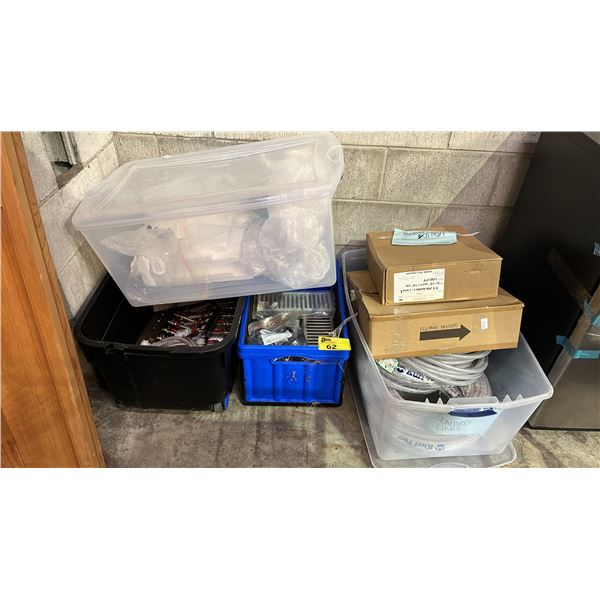 4 TOTES OF ASSORTED LIQUID LINES/TUBING, C02 MANIFOLDS, DRIP TRAYS & MORE