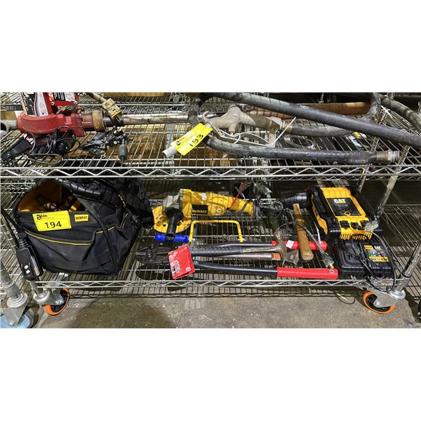 SHELF CONTAINING DEWALT TOOL BAG & CONTENTS, MILWAUKEE 24" BOLT CUTTER, DEWALT ANGLE GRINDER & MORE