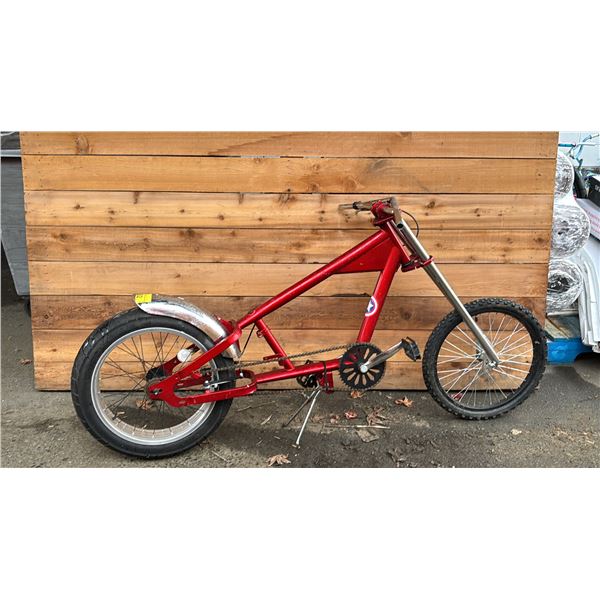 NO-NAME RED SINGLE SPEED BIKE WITH 4" WIDE TIRES- *NO SEAT/NO HANDLEBAR GRIPS*