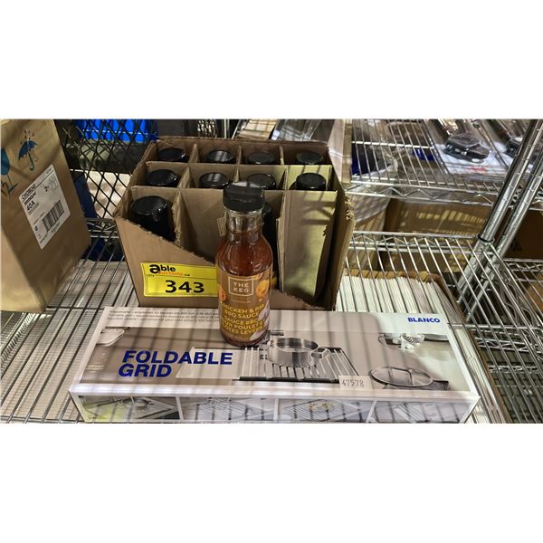 CASE OF (11) THE KEG CHICKEN & RIB BBQ SAUCE 355ML & BLANCO FOLDABLE STAINLESS STEEL GRID