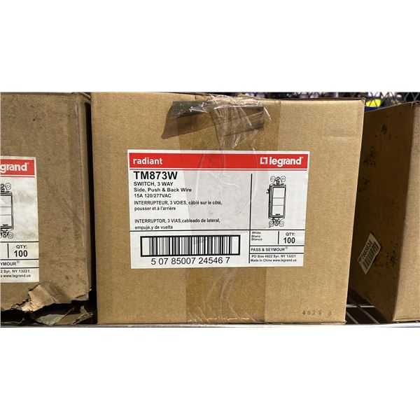 CASE OF (100) LEGRAND RADIANT TM873W LIGHT SWITCH, 3-WAY SIDE, PUSH & BACK WIRE 15A 120/277VAC