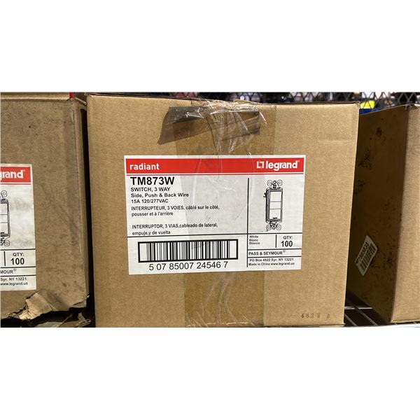 CASE OF (100) LEGRAND RADIANT TM873W LIGHT SWITCH, 3-WAY SIDE, PUSH & BACK WIRE 15A 120/277VAC