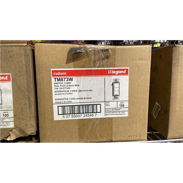 CASE OF (100) LEGRAND RADIANT TM873W LIGHT SWITCH, 3-WAY SIDE, PUSH & BACK WIRE 15A 120/277VAC