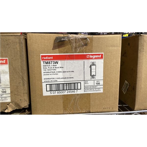 CASE OF (100) LEGRAND RADIANT TM873W LIGHT SWITCH, 3-WAY SIDE, PUSH & BACK WIRE 15A 120/277VAC