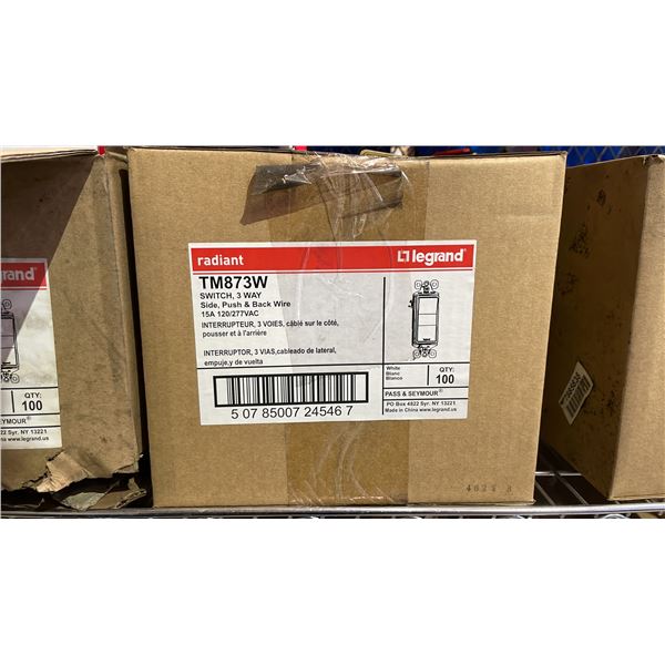 CASE OF (100) LEGRAND RADIANT TM873W LIGHT SWITCH, 3-WAY SIDE, PUSH & BACK WIRE 15A 120/277VAC
