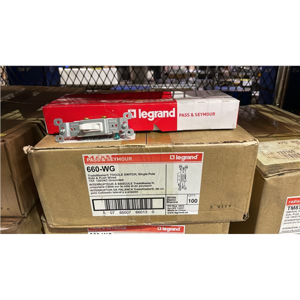 CASE OF (100) LEGRAND PASS & SEYMOUR 660-WG TRADEMASTER TOGGLE SWITCH, SINGLE POLE SIDE & PUSH