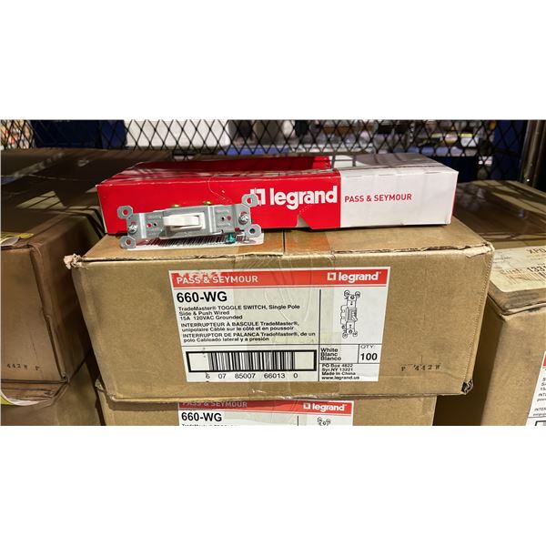 CASE OF (100) LEGRAND PASS & SEYMOUR 660-WG TRADEMASTER TOGGLE SWITCH, SINGLE POLE SIDE & PUSH