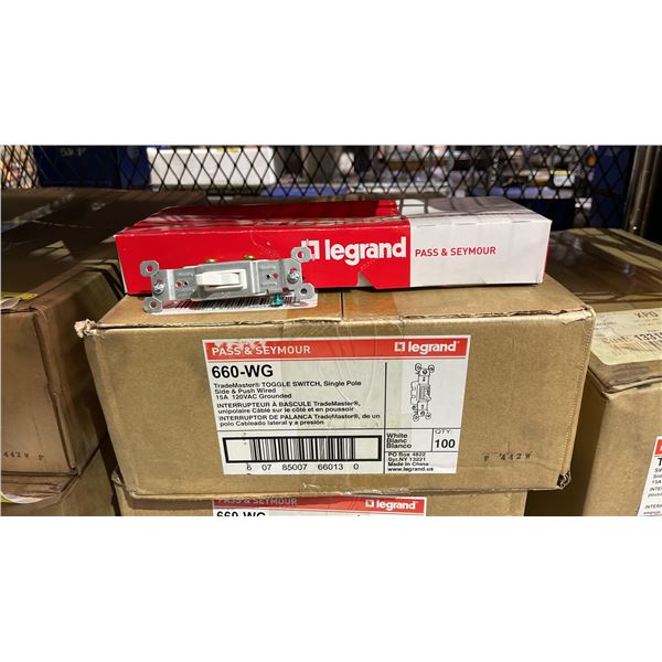 CASE OF (100) LEGRAND PASS & SEYMOUR 660-WG TRADEMASTER TOGGLE SWITCH, SINGLE POLE SIDE & PUSH