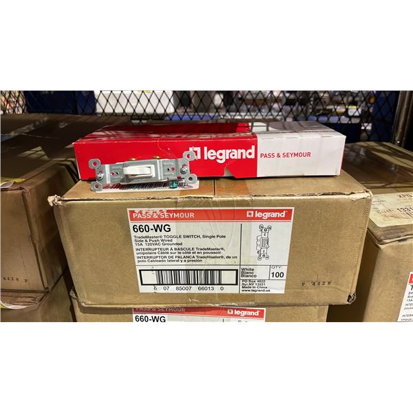 CASE OF (100) LEGRAND PASS & SEYMOUR 660-WG TRADEMASTER TOGGLE SWITCH, SINGLE POLE SIDE & PUSH