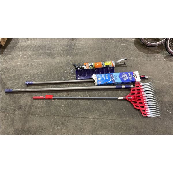SHELF OF ASSORTED ITEMS INCLUDING; EZ REACHER, RAKE & GARANT SNOW SHOVEL